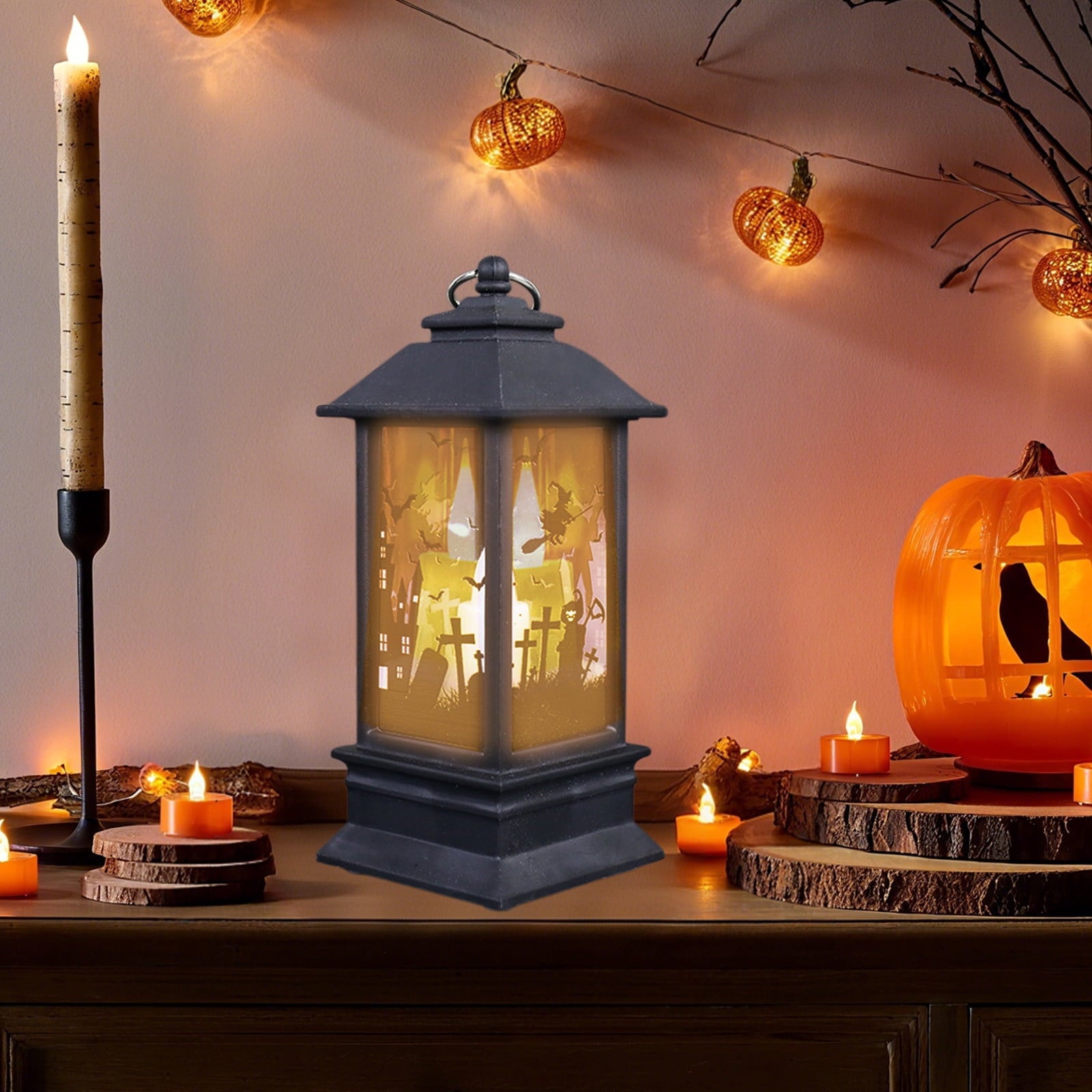 Black Halloween Mini LED Lantern Table Centerpiece 5.1 Inch for Indoor Decor, 2 Inch, 5 cm