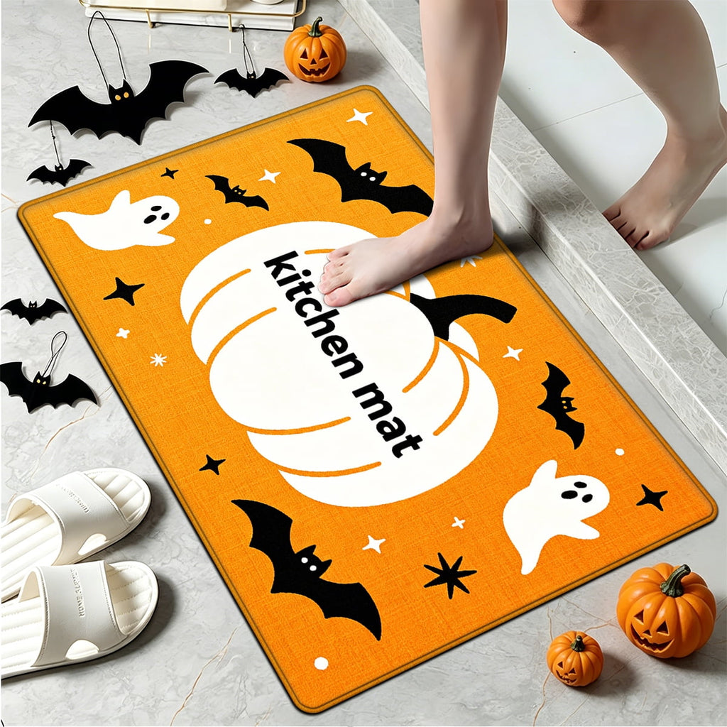 YIMEIS Halloween White Pumpkin Multi-purpose 3-Piece Flannel Mat and Kitchen Rugs,Soft Non-slip for Home Bedroom Bathroom