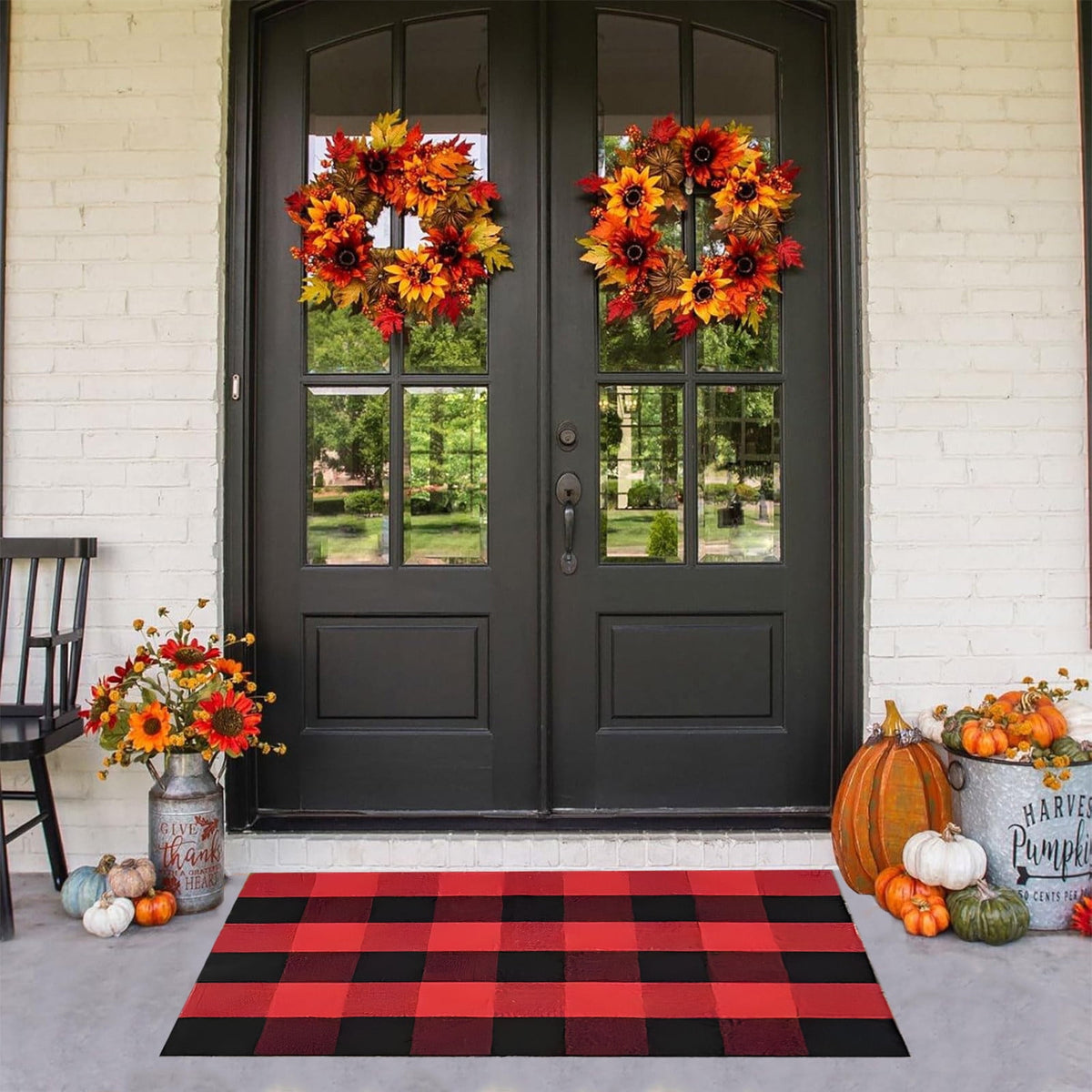 Taicans Fall Outdoor Rug,Buffalo Plaid Rug Red & White Striepd Rug Front Door Mat Halloween Thanksgiving Fall Autumn Home Decor,Welcome Doormat for Front Door,Farmhouse Decor,23.6 x 15.7 Inch