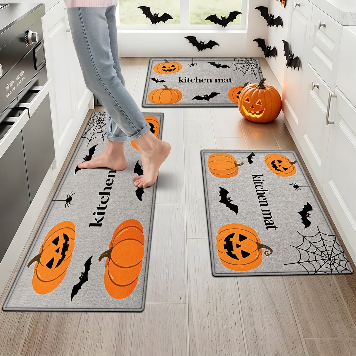 YIMEIS Halloween Pumpkin Lanterns 3Pcs Flannel Mat and Kitchen Rugs Set,Soft Non-slip,Perfect for Home Bathroom