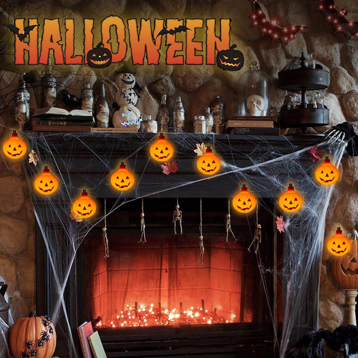 Halloween Pumpkin String Lights, 300cm 118in LED with 20pcs Jack O Lantern Lights - Waterproof, Plug-in for Indoor Outdoor Party, Garden, Yard Decoration