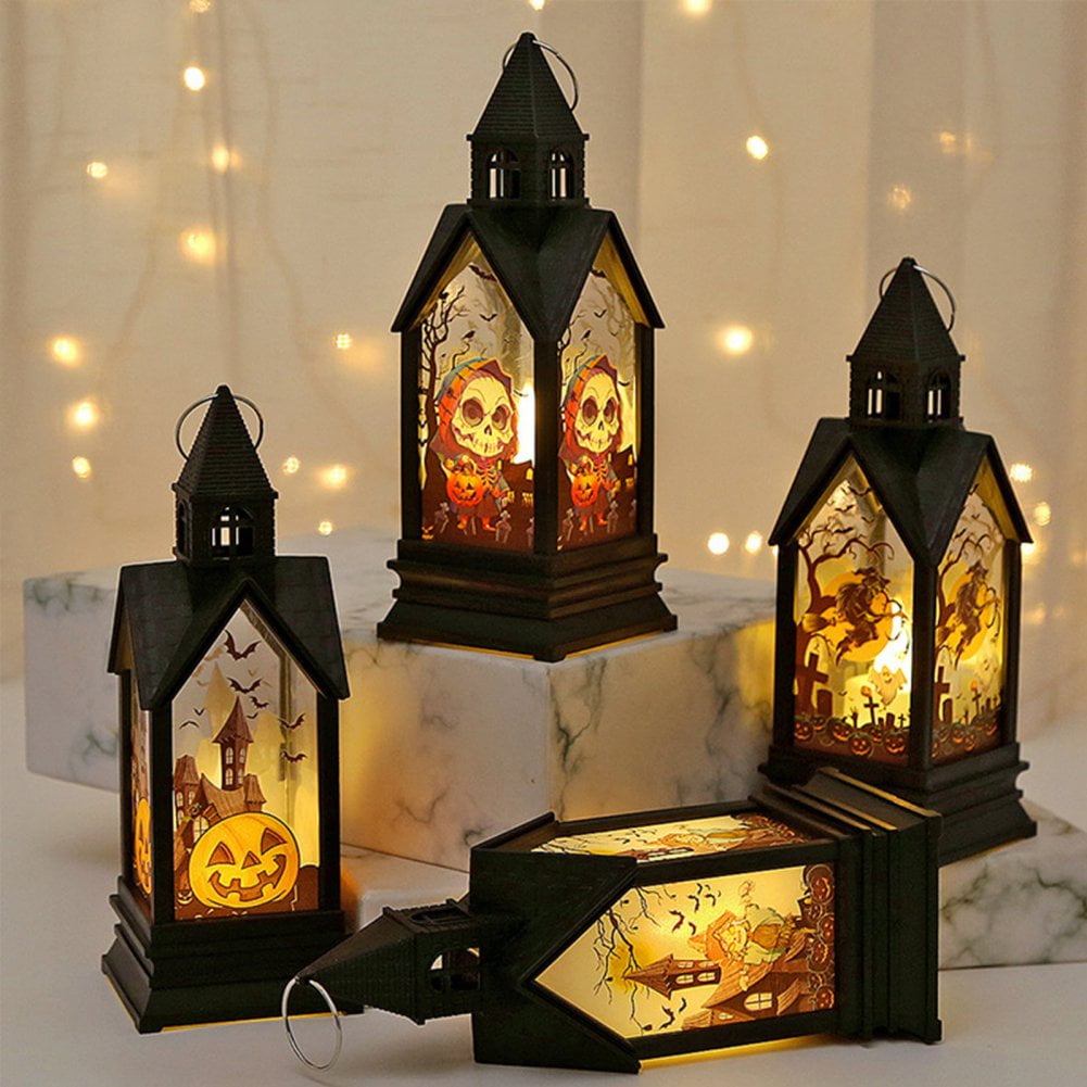4 Pack Halloween Lanterns Portable Orange Candle LED Halloween Lamp Lights, Spooky Skeleton Owl Bat Castle Flame Lights Decorative Hanging Lanterns for Indoor Outdoor Home Party Porch House Bar