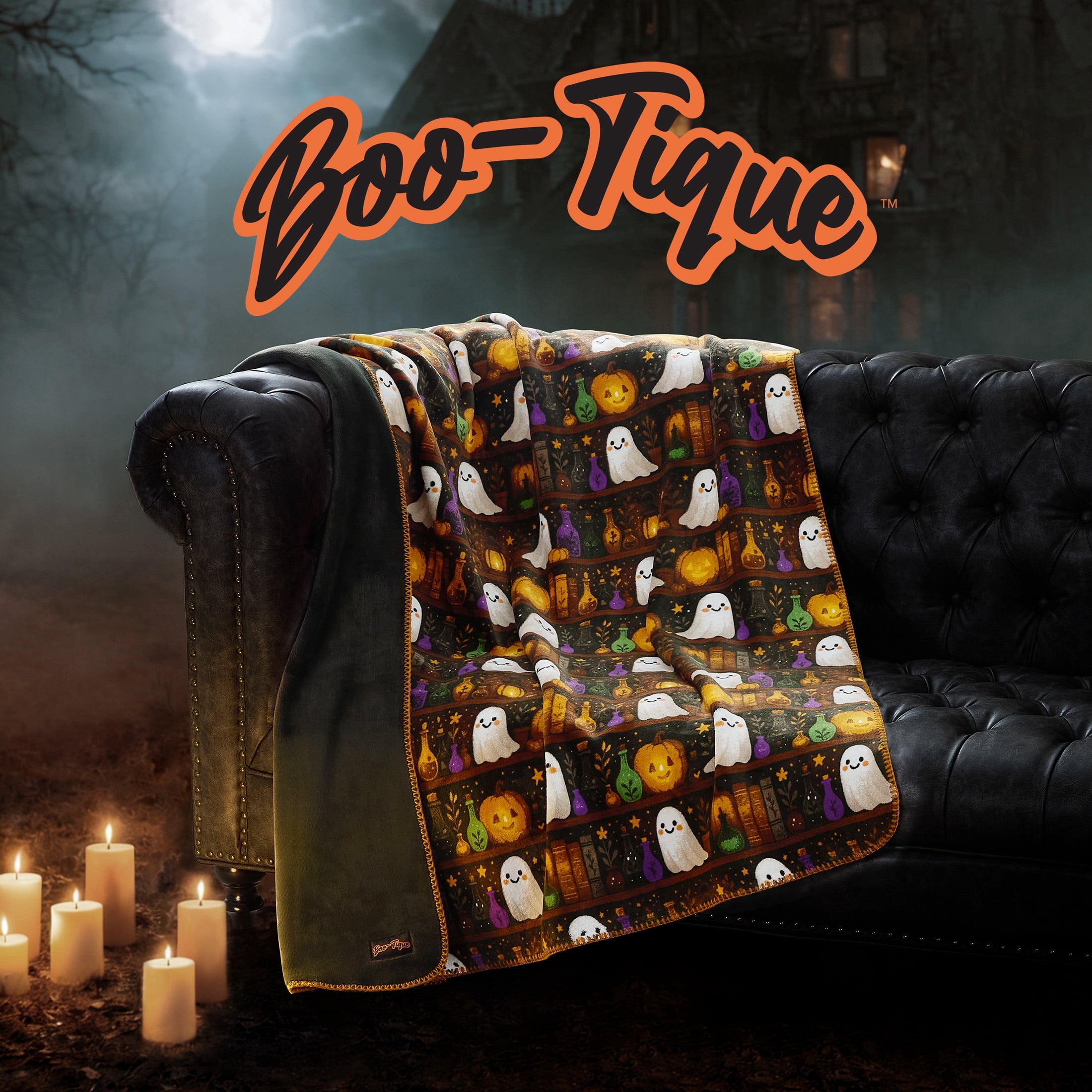 Boo-tique Halloween Plush Soft Oversized Couch Throw Blanket, Cats and Pumpkins, Orange, 50 x 72 in