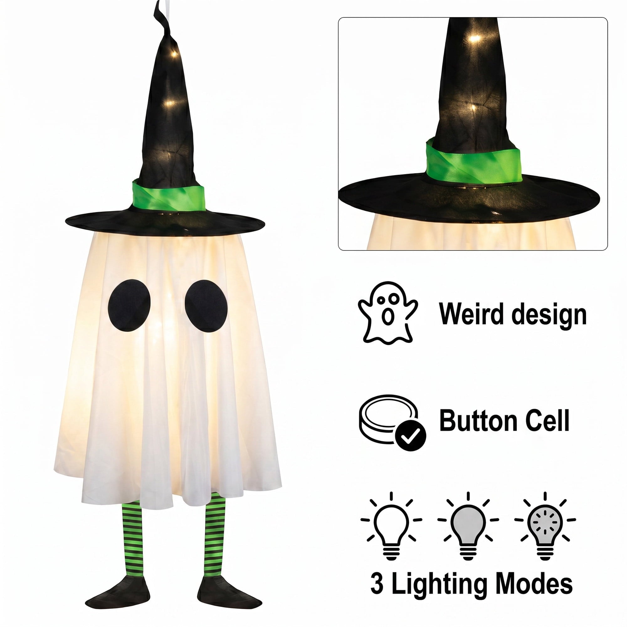 DAYBETTER 3 Pack Halloween Hanging Ghosts Light Up Decor, LED Ghost with Witch Hat Cute Lighted Ornaments for Indoor Outdoor Yard Patio Porch Tree Spooky Decor Gifts