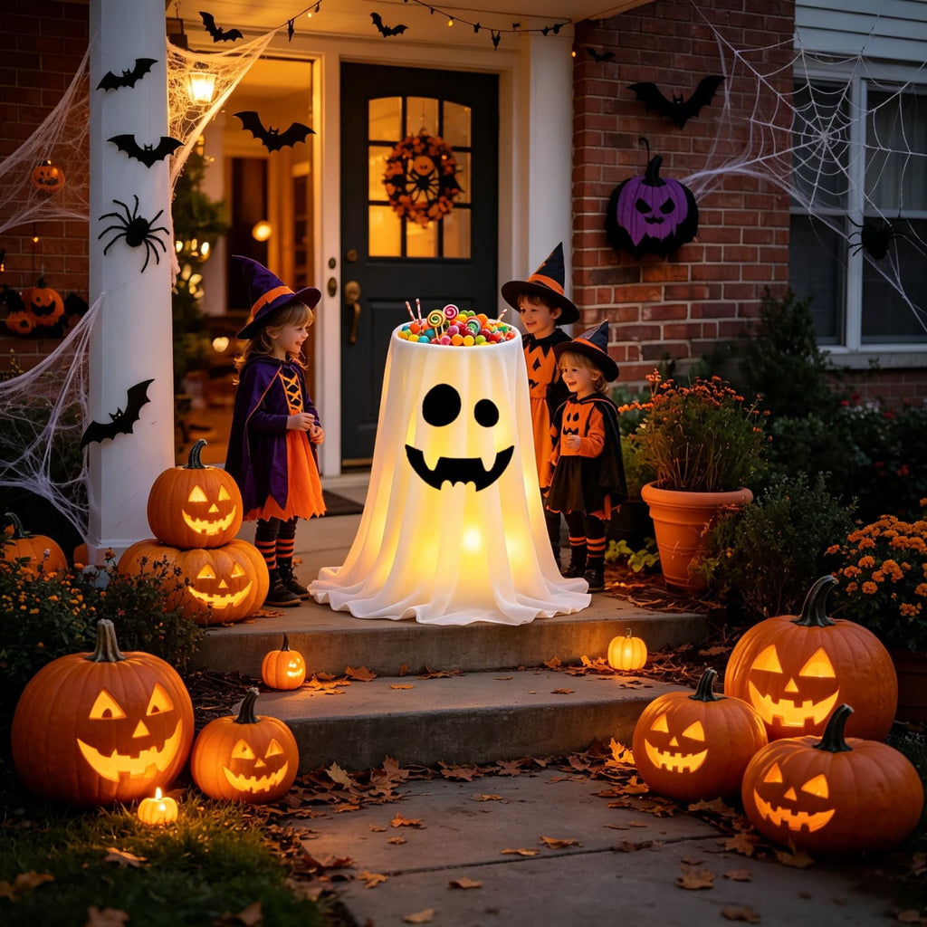 Gallickan Remote Control LED Ghost Candy Bowl with Stand, Light Up Animated Trick or Treat Container, Spooky Halloween Party Decor for Front Porch