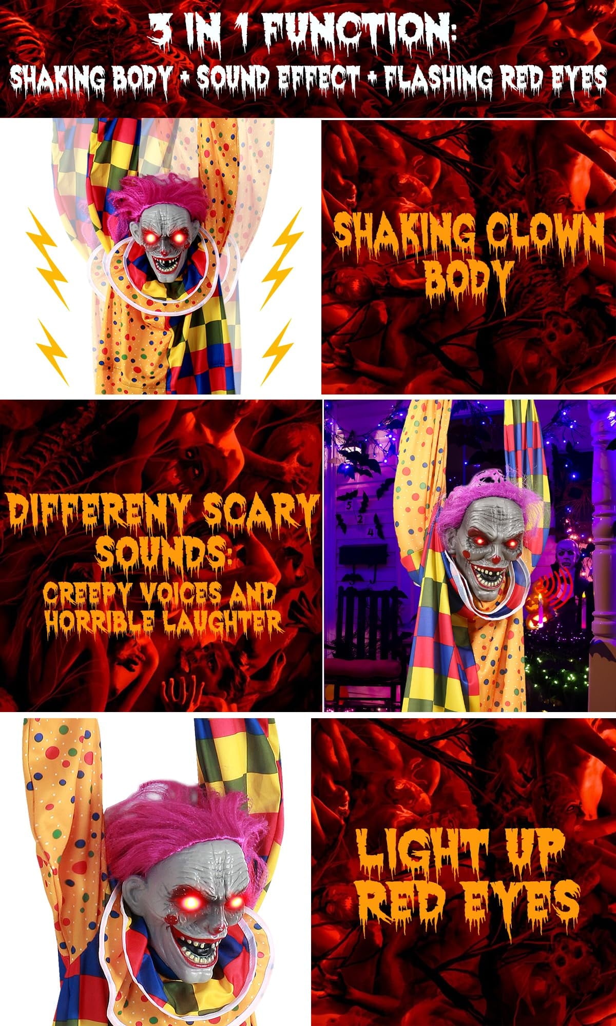 5.6 Ft Halloween Hanging Animated Talking Shaking Scary Clown with Chain Light Up Red Eyes Sound Touch Activated