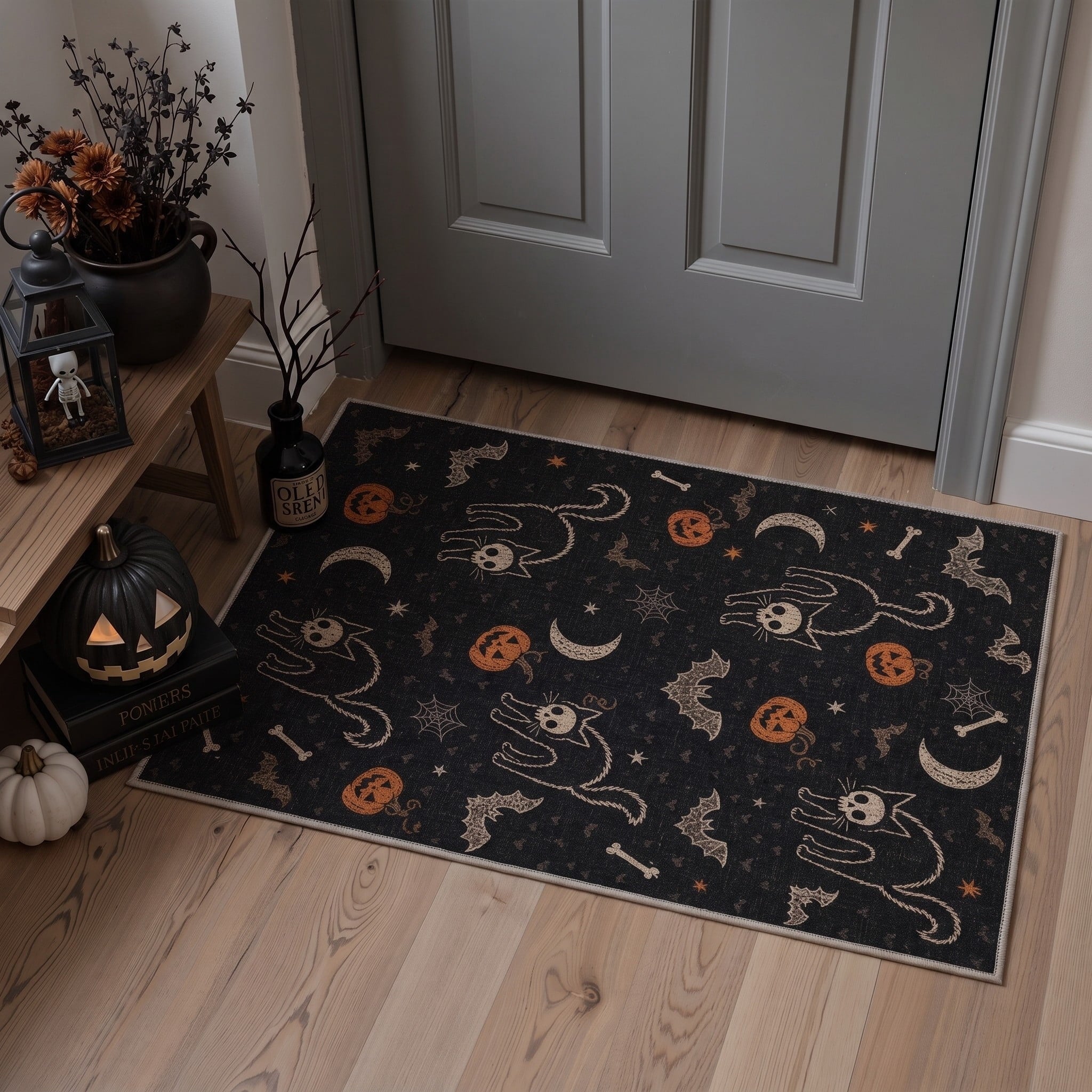 GENIMO 2'x3' Halloween Doormat, Washable Non Slip Soft Whimsical Cat Outdoor Door Mat for Front Door Covered Porch Patio Entryway, Rustic Black