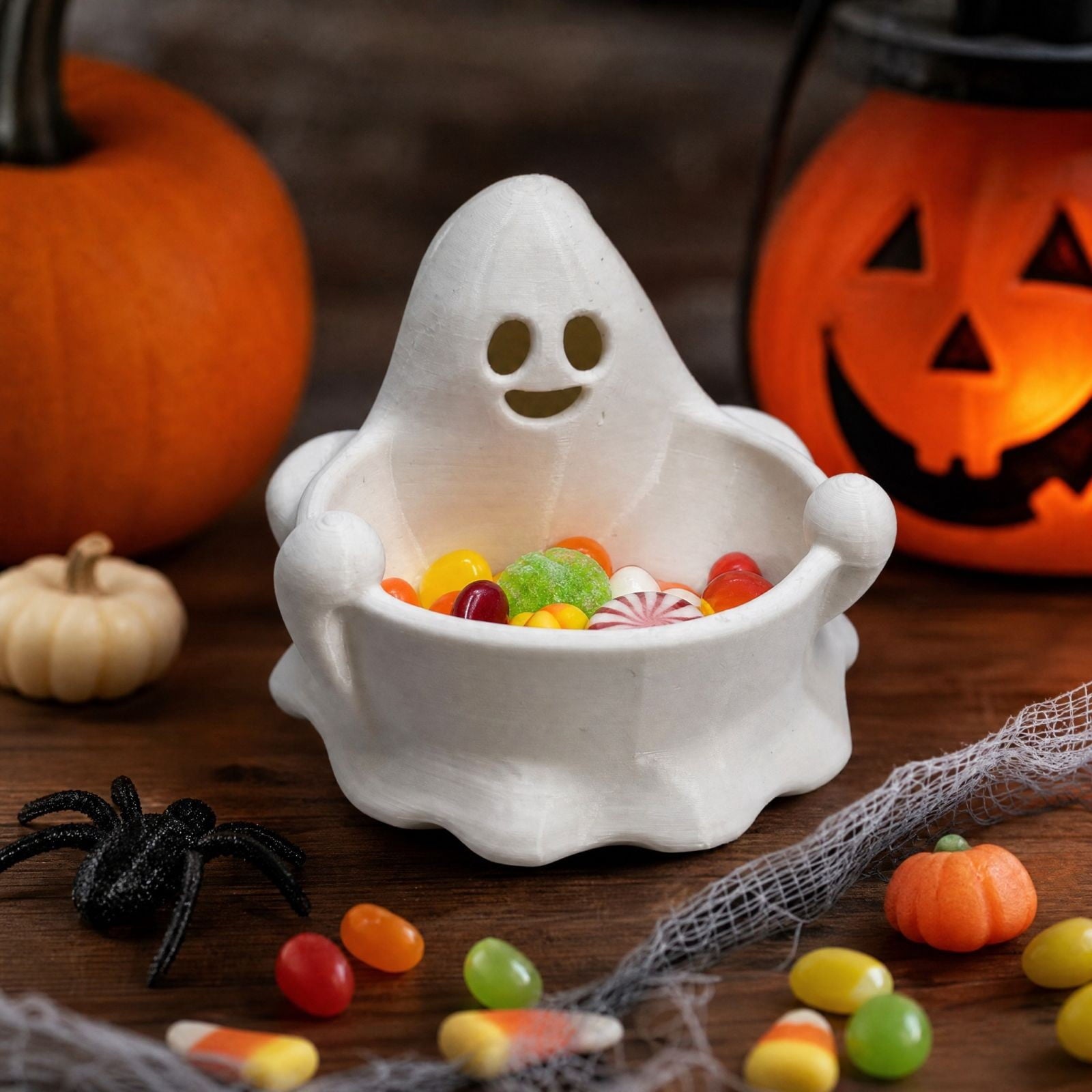 Diceymbol Halloween Pumpkin Snack Bowl Stand Collapsible Broomstick Candy Tray for Cupcakes & Desserts, Resin Serving Platter with Ceramic Pumpkin Bowls