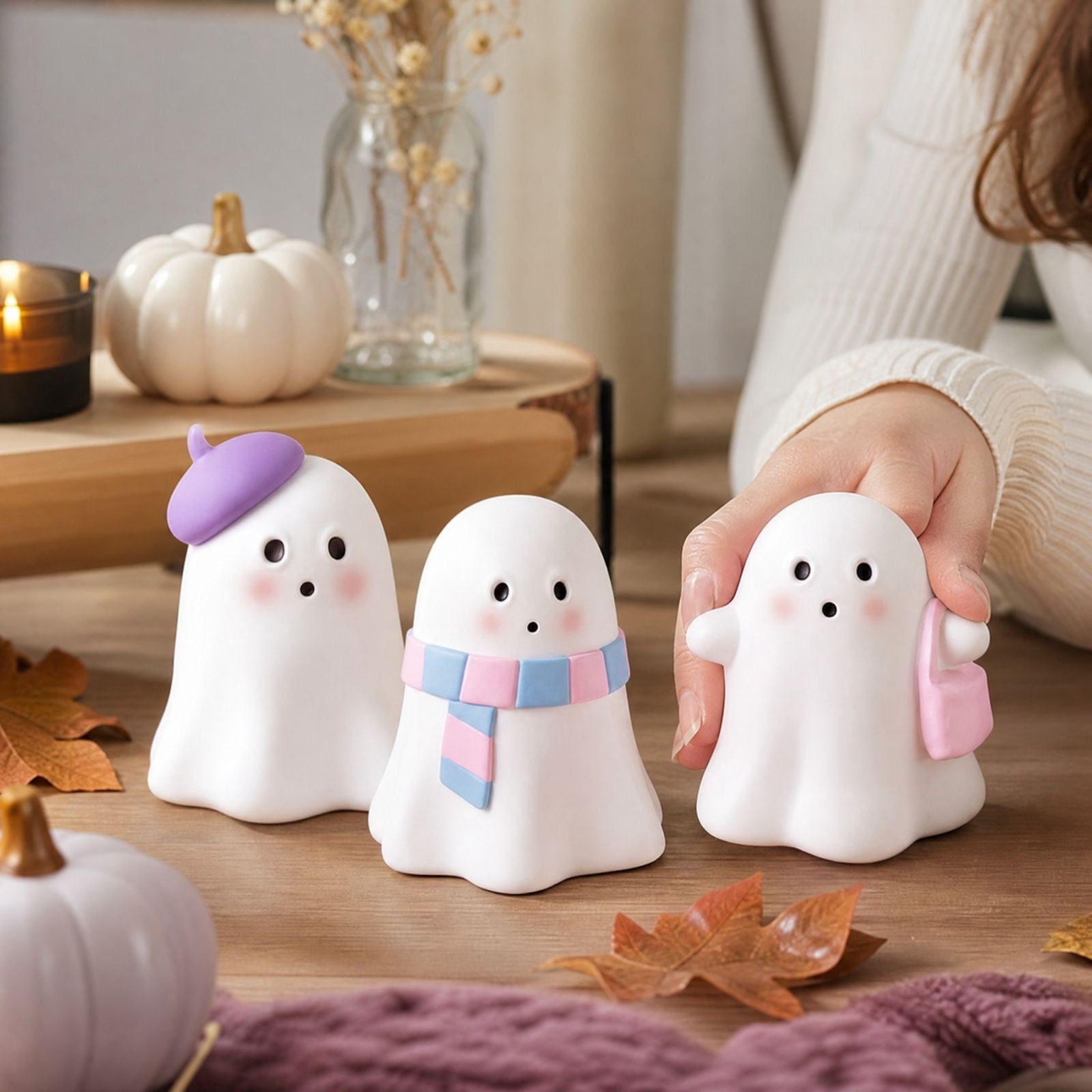Pink Halloween Decor Ghost Candy Bowl Figurine with Bow and Scalloped Holder for Indoor Tabletop Decor and Party Favor Display