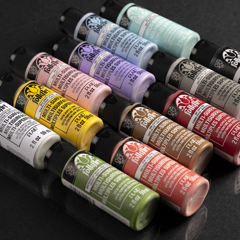 FolkArt Multi-Surface Satin Acrylic Craft Paint Set, 12 Colors, 2 fl oz