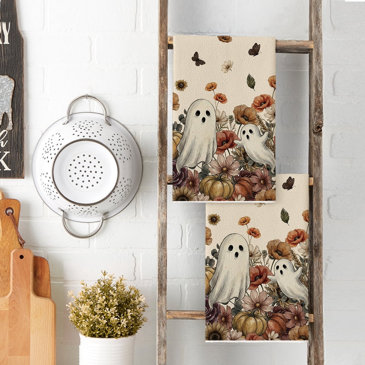 Sm:)e Ghost Pumpkins Bats Floral Spooky Halloween Kitchen Towels Dish Towels, 18x26 Inch Jack-O'-Lantern Decoration Hand Towels Set of 2