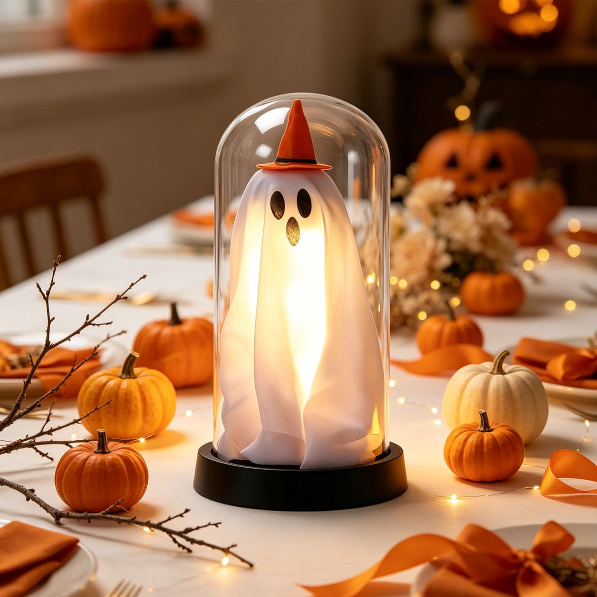 Darzheoy Halloween Decoration Ghost Cloche Lamp, with 3 Mini Figurines, Halloween Ghost Spooky, White Warm Glow, 1 Count