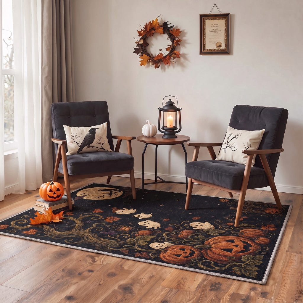 GENIMO 2'x7' Halloween Runner Rug, Washable Non Slip Soft Farmhouse Pumpkin Indoor Outdoor Hallway Runner for Porch Patio Kitchen Entryway, Vintage Sepia