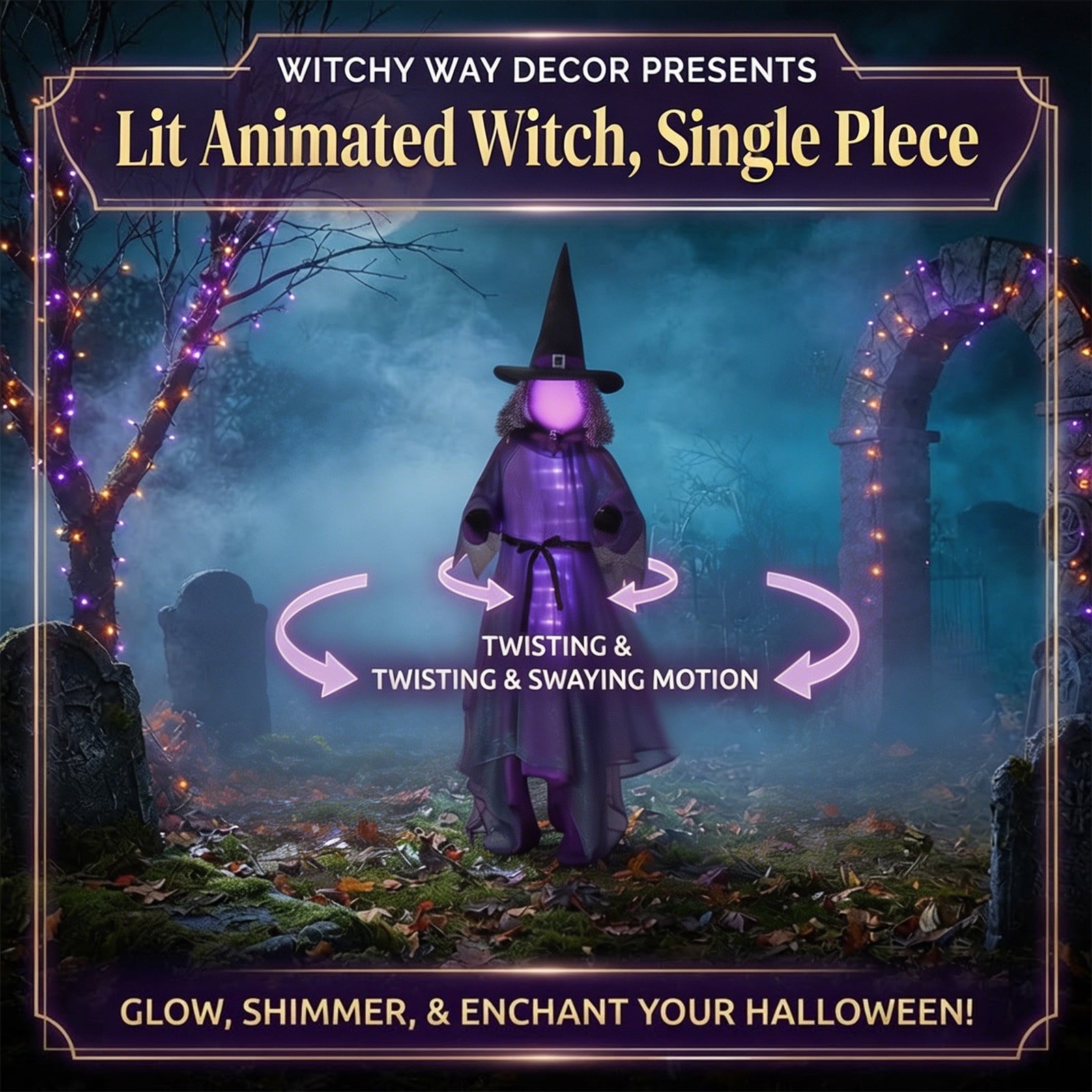 Halloween Lit Animated Witches, Halloween Purple Witch Decorations with 30 LED Lights, Cloth Hanging Decor for Porch Entryway Yard Party