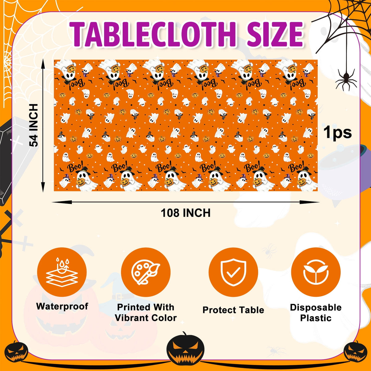 Wowhub Boo Ghost Pumpkin Halloween Tableware Set Serves 24, Halloween Plates and Napkins, Disposable Summerween Party Supplies with Cups, Cutlery & Tablecloth for Halloween Birthday Decorations