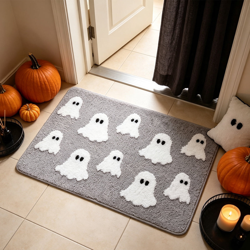 Halloween Doormat Ghost Bath Mat 23.6x15.7in Secure-Grip Absorbent Soft Faux Fur Rug for Bathroom Bedroom Living Room Decor by OVFUIZ