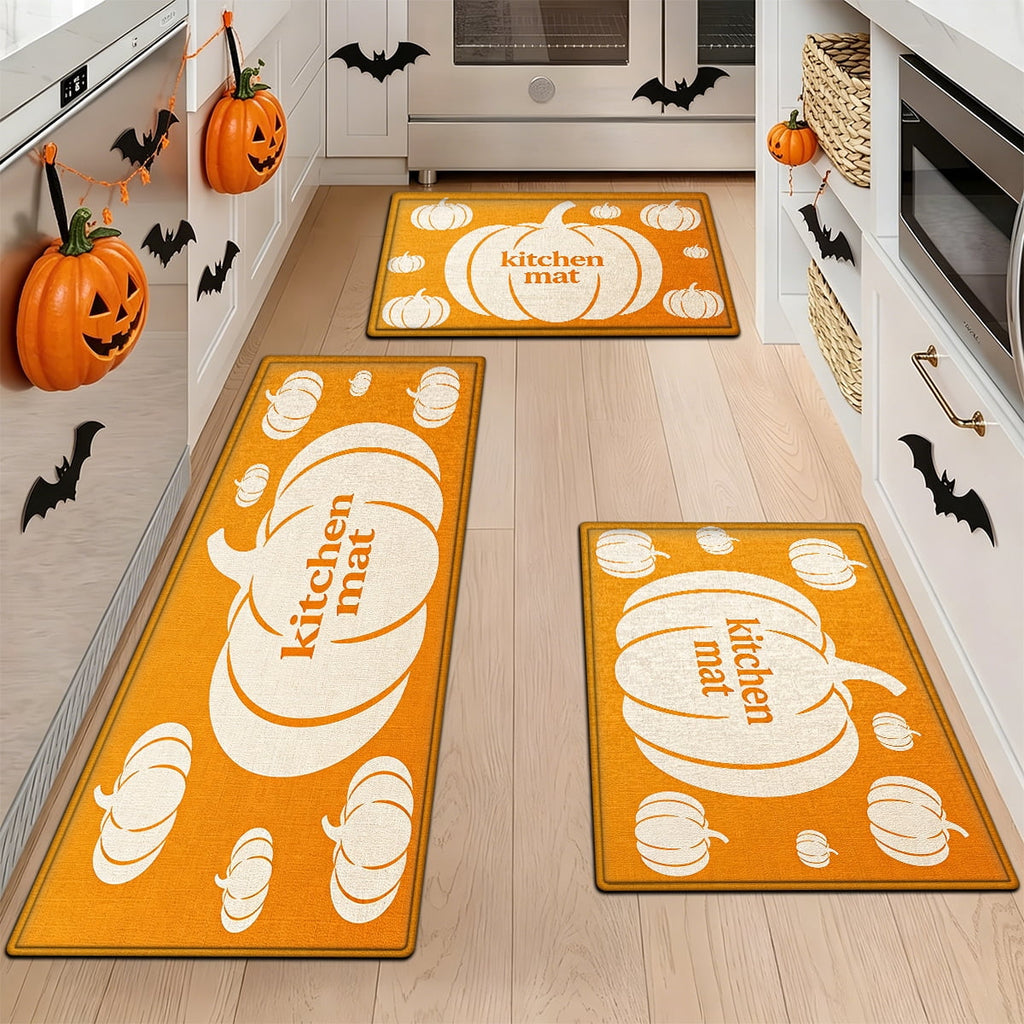 YIMEIS Halloween White Pumpkin Multi-purpose 3-Piece Flannel Mat and Kitchen Rugs,Soft Non-slip for Home Bedroom Bathroom