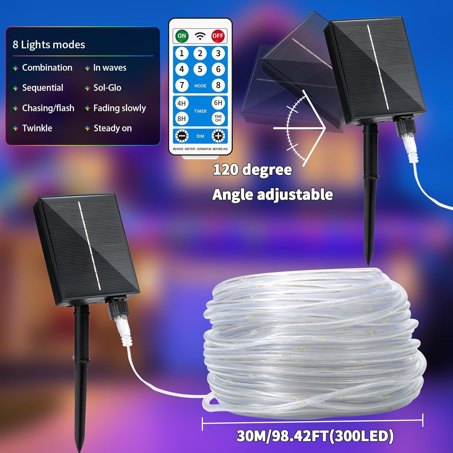 Solar Rope Lights Outdoor Waterproof 100LED Tube String Lights with USB Rechargeable Timer 8 Modes Dimmable Twinkle Fairy String Light for Trampoline Yard Pool Party Wedding Christmas
