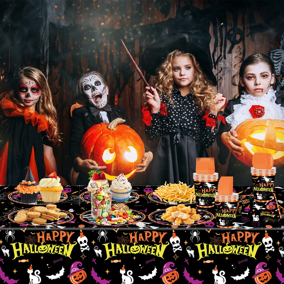 Halloween Paper Plates for Halloween Party Decoration Disposable Cups Napkins Table Cover for Halloween Banner Birthday Party Supplies Serve 20 Design 3