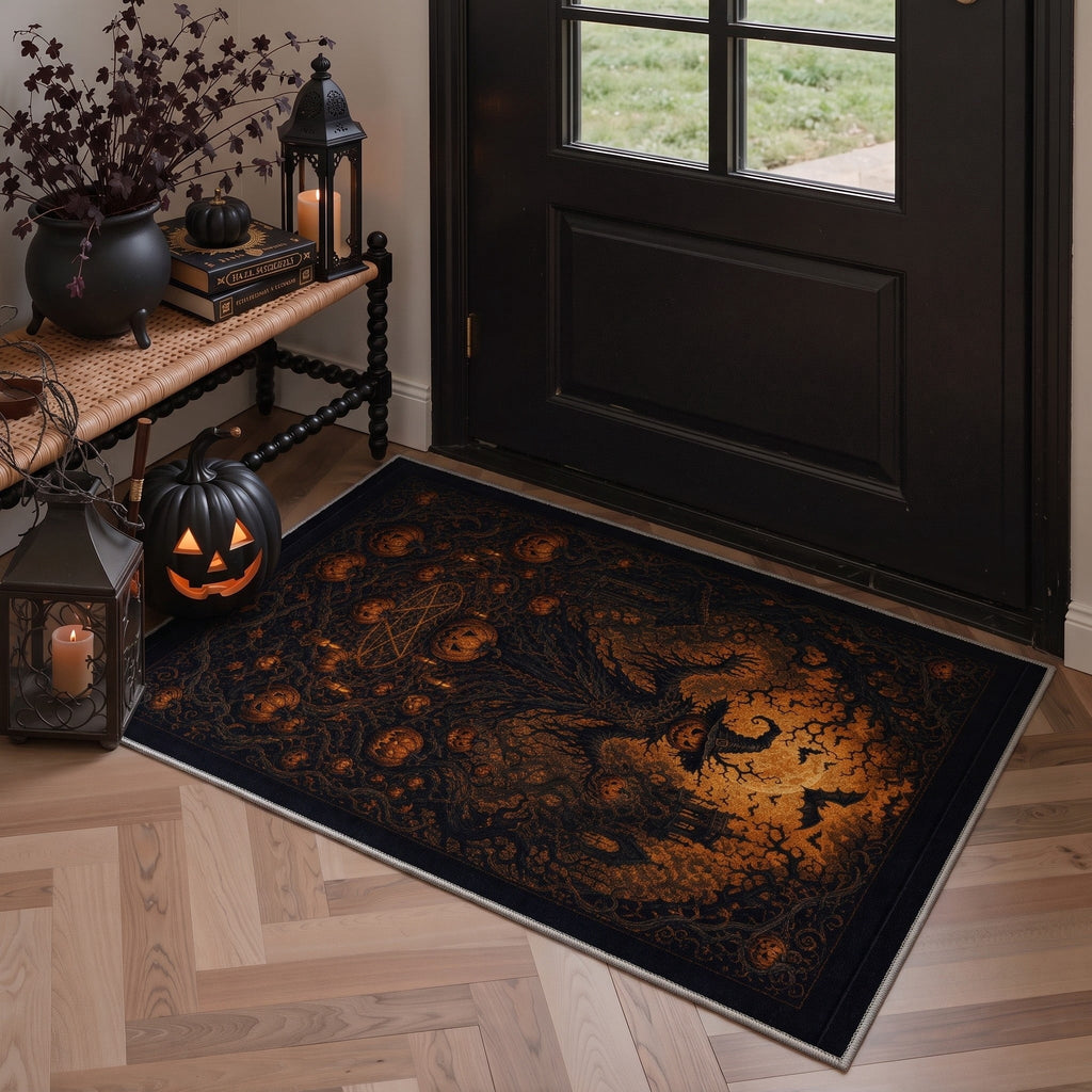 GENIMO 2'x7' Halloween Runner Rug, Washable Non Slip Soft Gothic Raven Indoor Outdoor Hallway Runner for Porch Patio Kitchen Entryway, Rust Orange