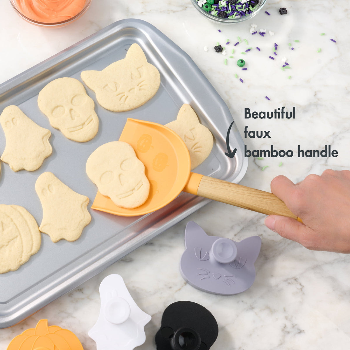 Way To Celebrate Cookie Turner with 4 Cookie Cutters with Stamps. Orange, Purple, Black and White