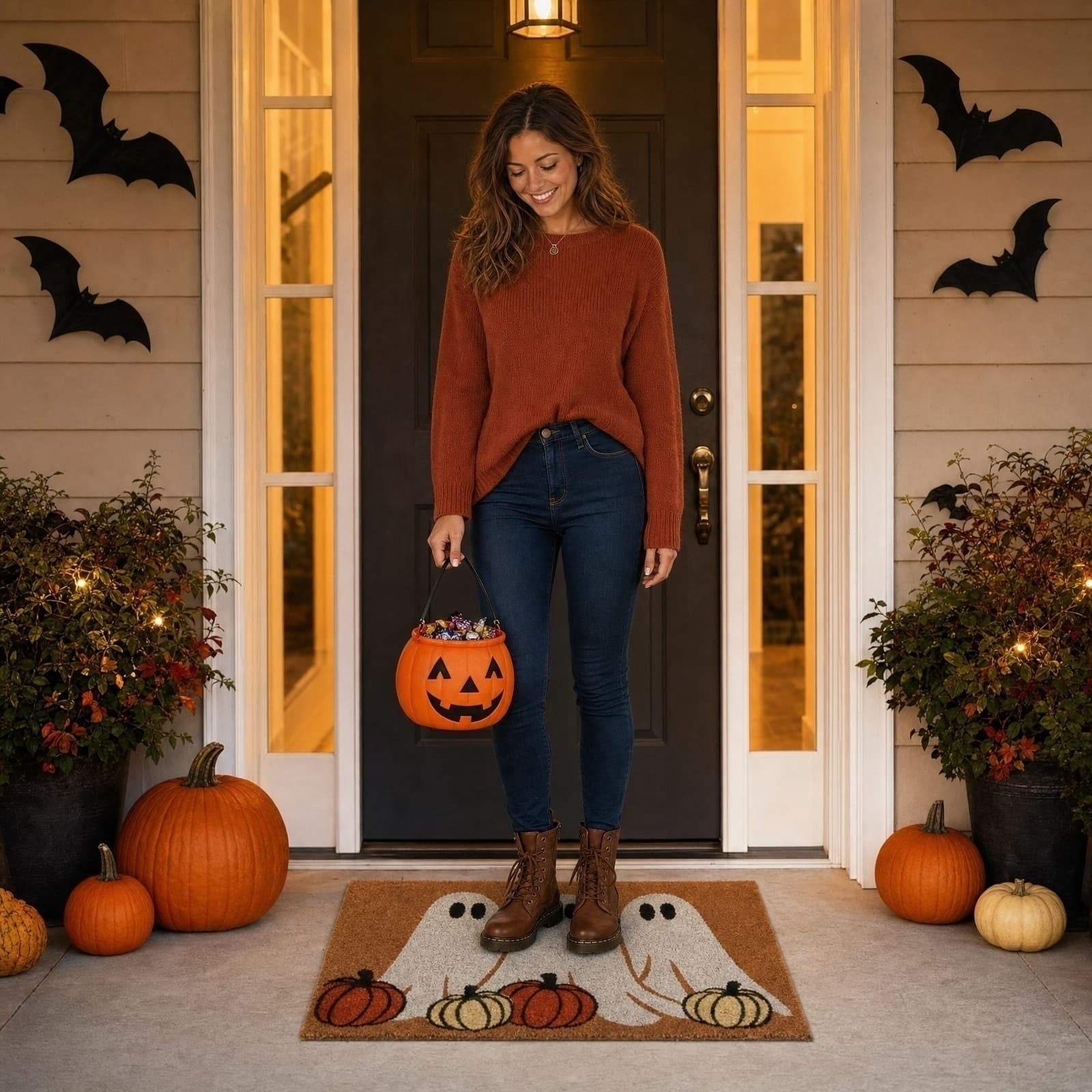 Miwamany Halloween Ghost and Pumpkin Doormat, Cute Fall Welcome Mat, Non-Slip Indoor Outdoor Floor Rug for Front Porch Entryway Holiday Decoration