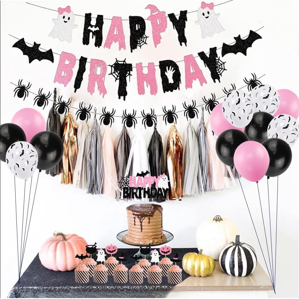 Halloween Birthday Party Decorations, Pink Black Glitter Happy Birthday Banner,Girl Halloween Birthday