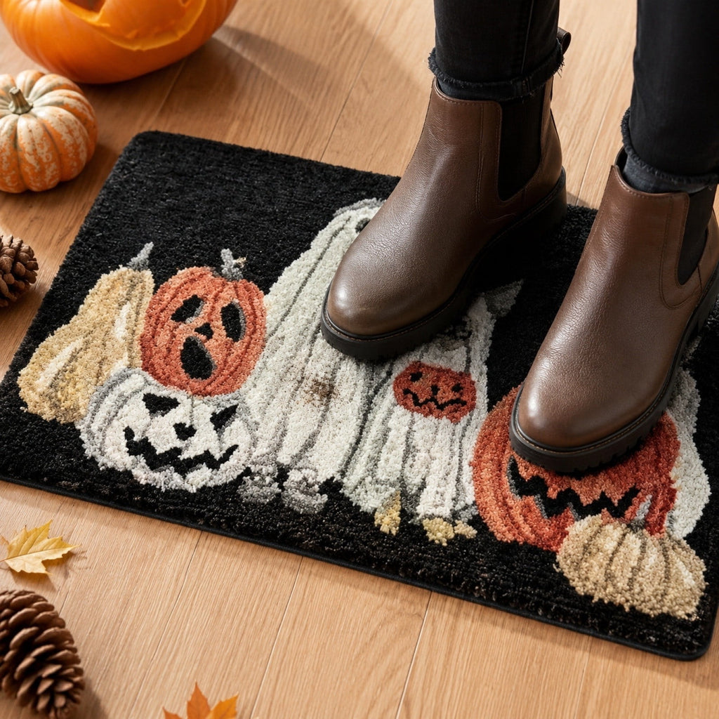 Halloween Ghost Dog Pumpkin Doormat,16x24 Inch Non-slip Black Front Door Rug,Spooky Fall Seasonal Entryway Floor Mat for Farmhouse Porch Holiday Decor