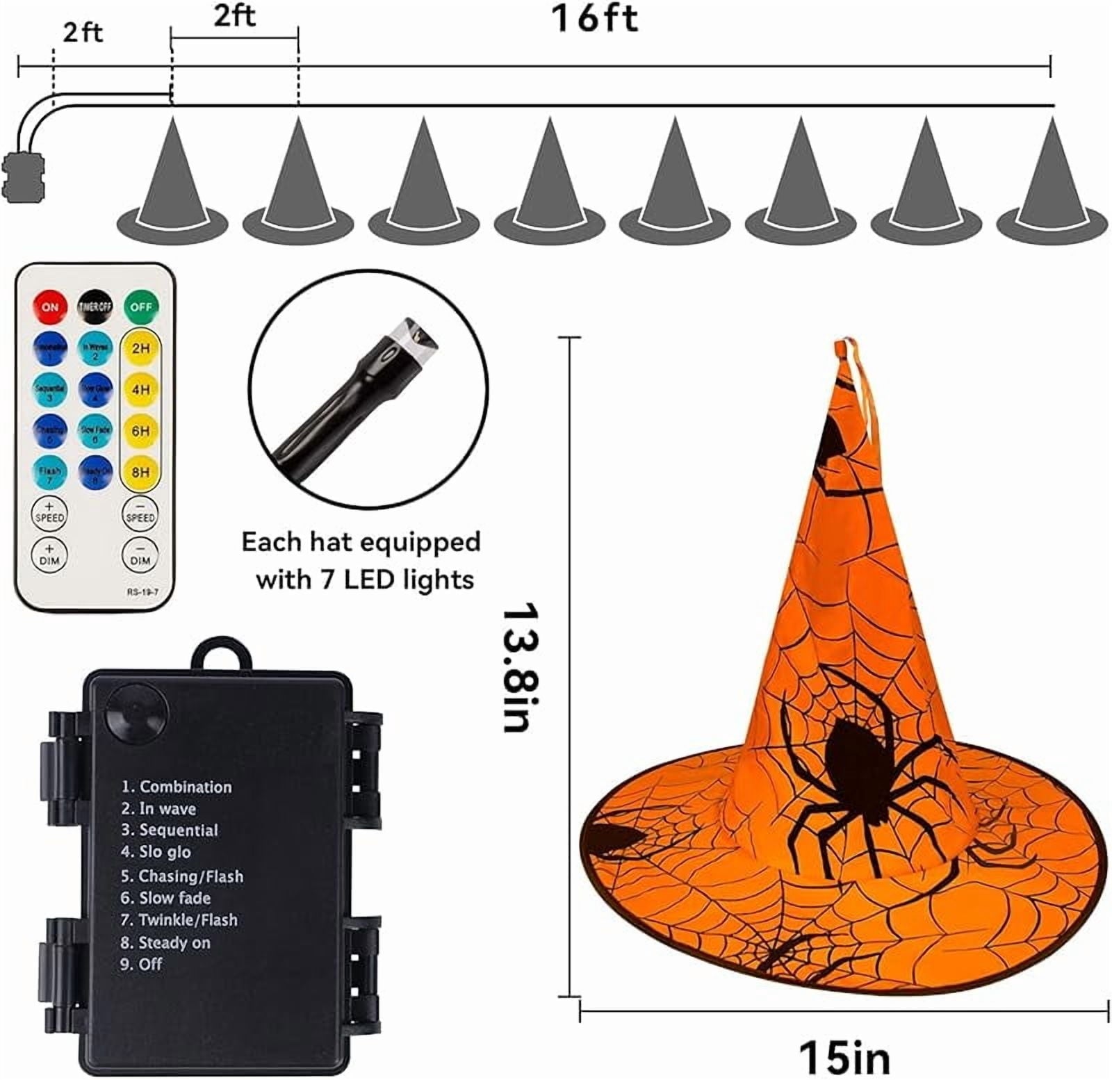 Halloween Decorations 8 Pcs Lighted Hanging Witch Hats, Remote Control with 8 Modes Light Up 14 FT Halloween String Lights, for Indoor Outdoor Yard, Lawn, Graveyard Scenes Party