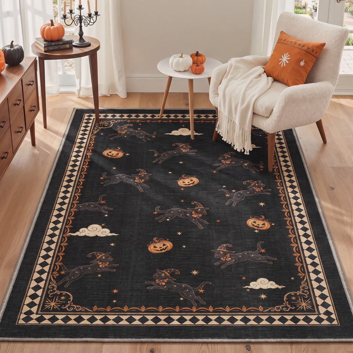 GENIMO 2'x3' Halloween Doormat, Washable Non Slip Soft Whimsical Cat Outdoor Door Mat for Front Door Covered Porch Patio Entryway, Vintage Black