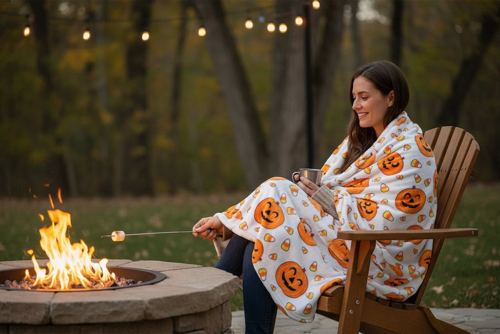 Serafina Home Halloween Throw Blanket: Fuzzy Boo! Jack O'Lantern Spider Webs Skull and Black Cats Print on Velvet Fleece for Sofa Bed Couch Chair Dorm