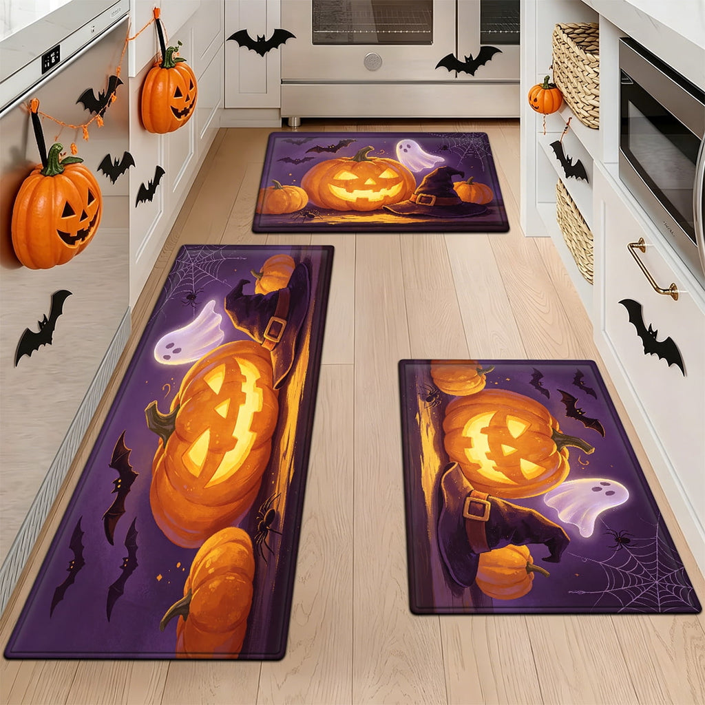 YIMEIS Halloween Pumpkin Lantern 3Pcs Flannel Mat & Kitchen Rugs Set,16''×24'' 20''×30'' 17''×47'' Inches,Soft Non-slip for Home Bathroom