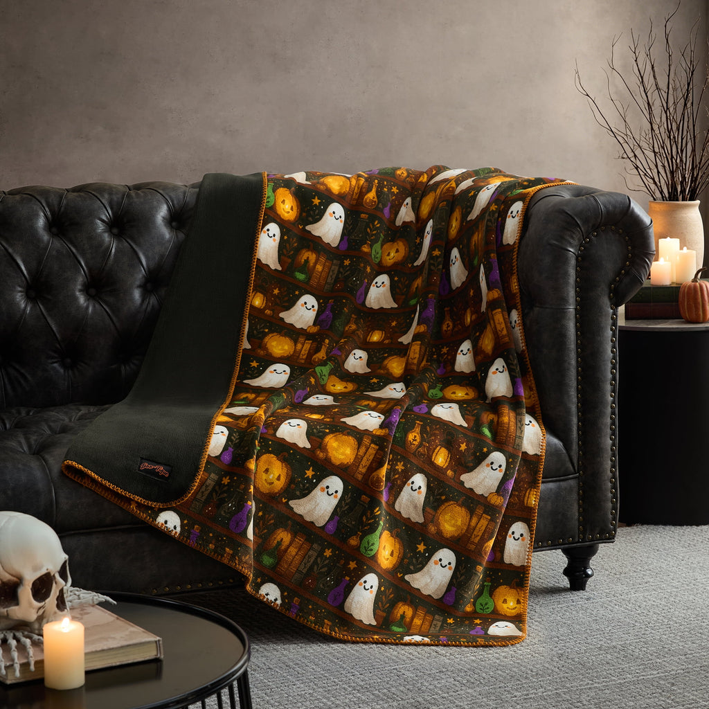 Boo-tique Halloween Plush Soft Oversized Couch Throw Blanket, Cats and Pumpkins, Orange, 50 x 72 in