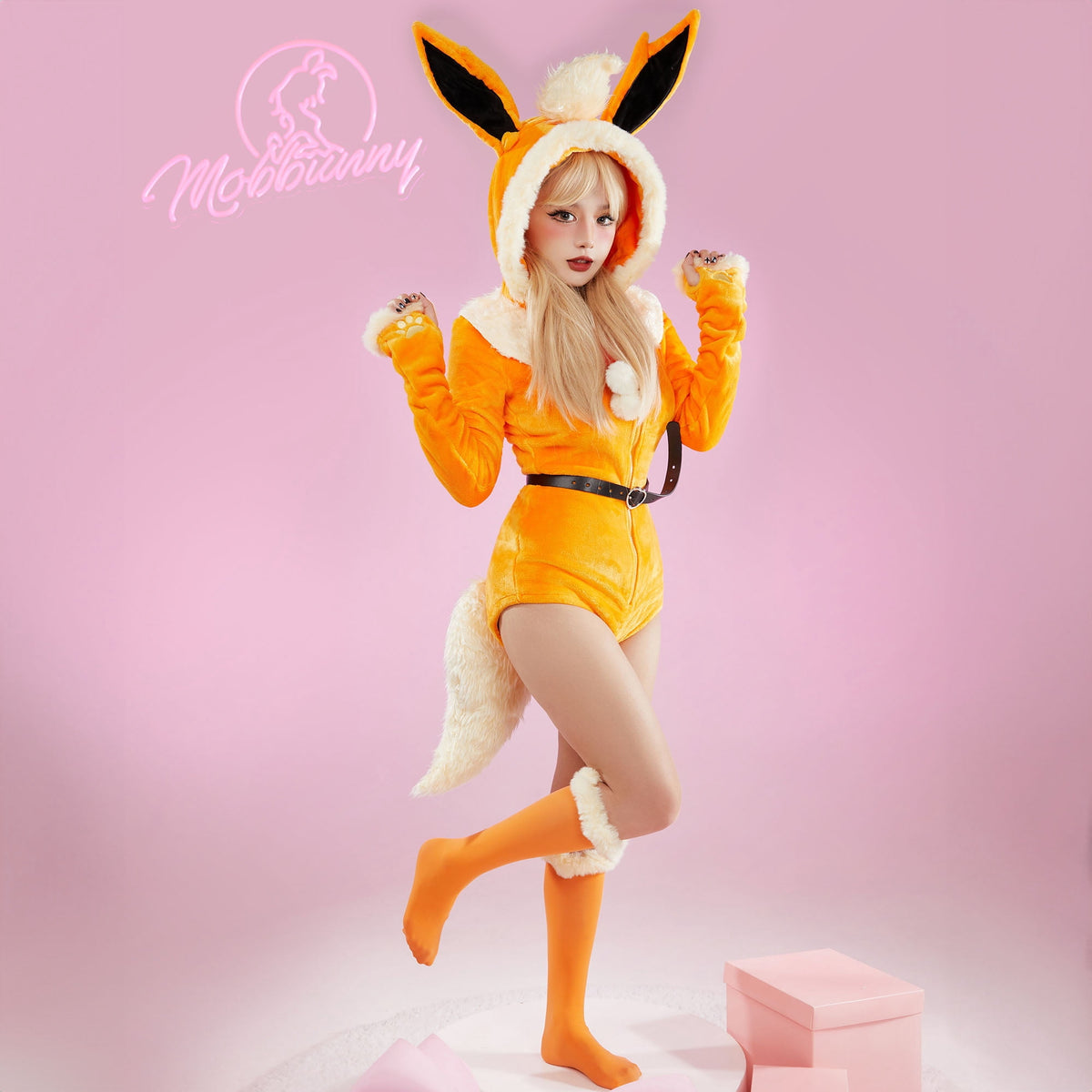 Women sexy Fluffy Hooded Bodysuit Halloween Deep V Kawaii One Piece Lingerie Rompers with Choker and Socks