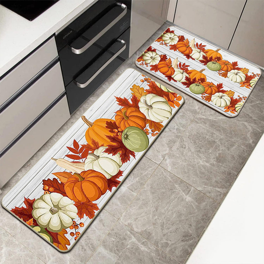 Decorative Kitchen Floor Mats Set of Two, Fall Theme Pumpkin Turkey Pattern Kitchen Rugs and Mats for Outdoor Indoor Kitchen Decor Halloween Thanksgiving Non-Slip Doormat