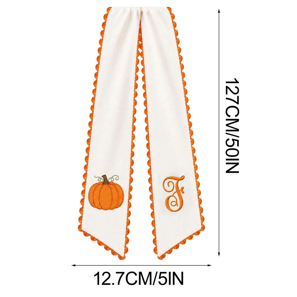 Pumpkin Embroidered Wreath Sash, 50 x 5 inch Orange Scalloped Lettered Ribbon for Halloween, Thanksgiving, Front Door, Seasonal Garland and Fall Home Decor, I