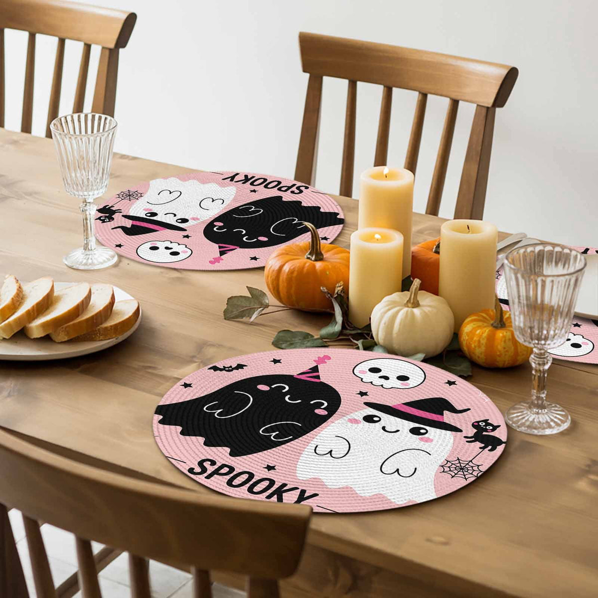 Halloween Round Placemats Set of 4 Cute Ghost Place Mats Washable Woven Placemat Spooky Skull Bat Cat Pumpkin Pink Circle Braided Table Mat for Kitchen Dining Table Holiday Party Home Decor 15 Inch