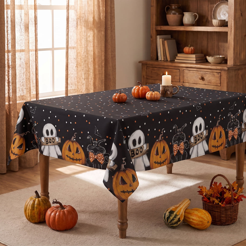 Sm:)e Ghost Cat Jack-O-Lantern Pumpkin Black Halloween Tablecloth 60 x 84 Inch, Wrinkle-Resistant & Machine Washable Table Cover for Dining Decor, Rectangle