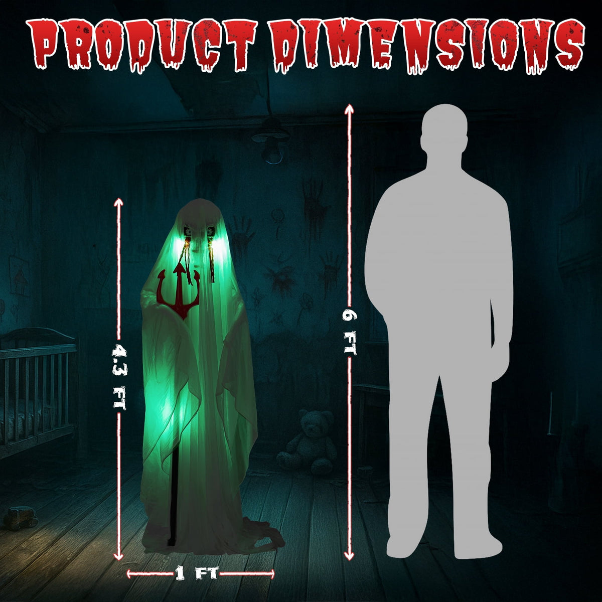 UBesGoo 4.5' Hanging Ghost Animated Halloween Decoration Creepy Halloween Skeleton, Halloween Skeleton with sound and lights
