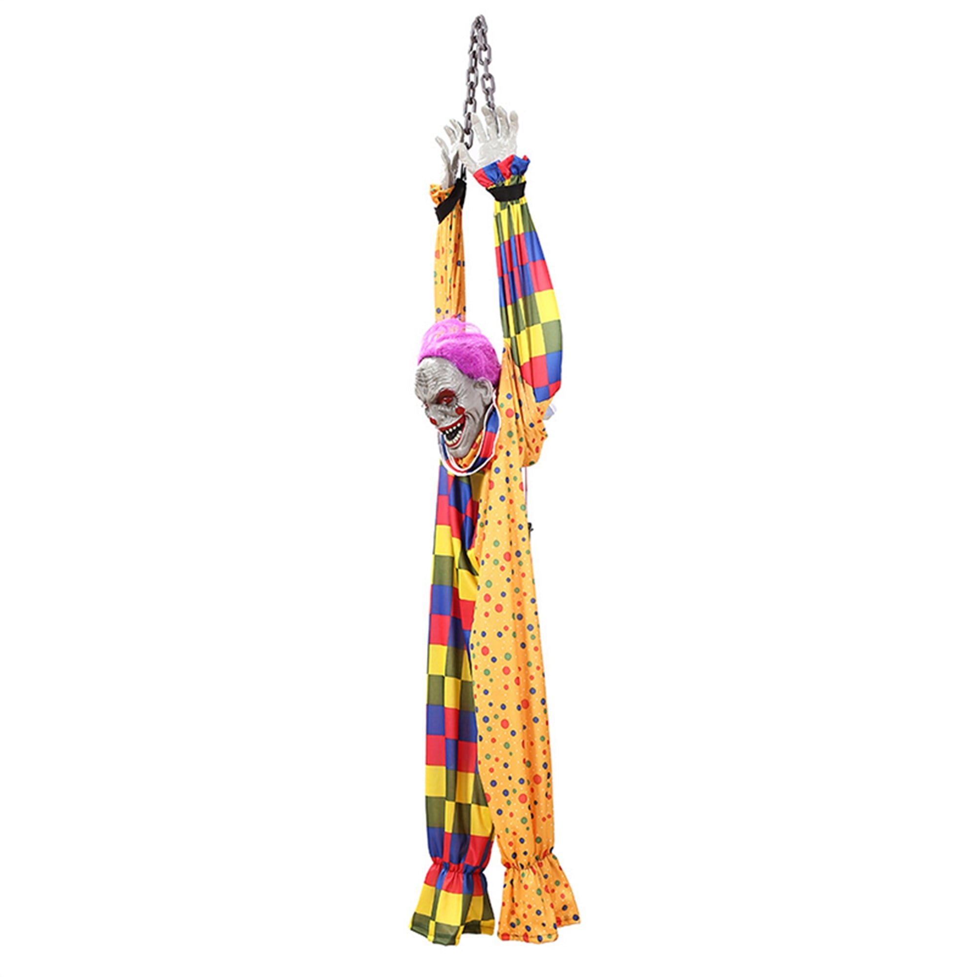 5.6 Ft Halloween Hanging Animated Talking Shaking Scary Clown with Chain Light Up Red Eyes Sound Touch Activated