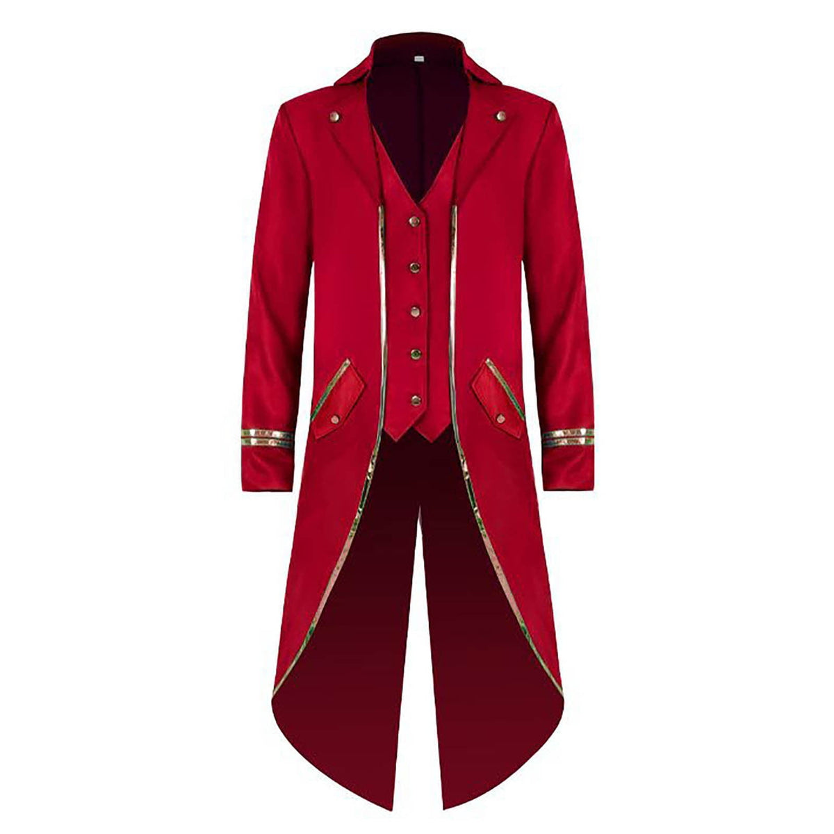 KeShDi Tuxedo Medieval Vintage Steampunk Gold Trimmed Gothic Retro Punk Style Steampunk Tailcoat Renaissance Pirate Warlock Frock Coat Halloween Men Costume Mid Length Tuxedo Costume Red L