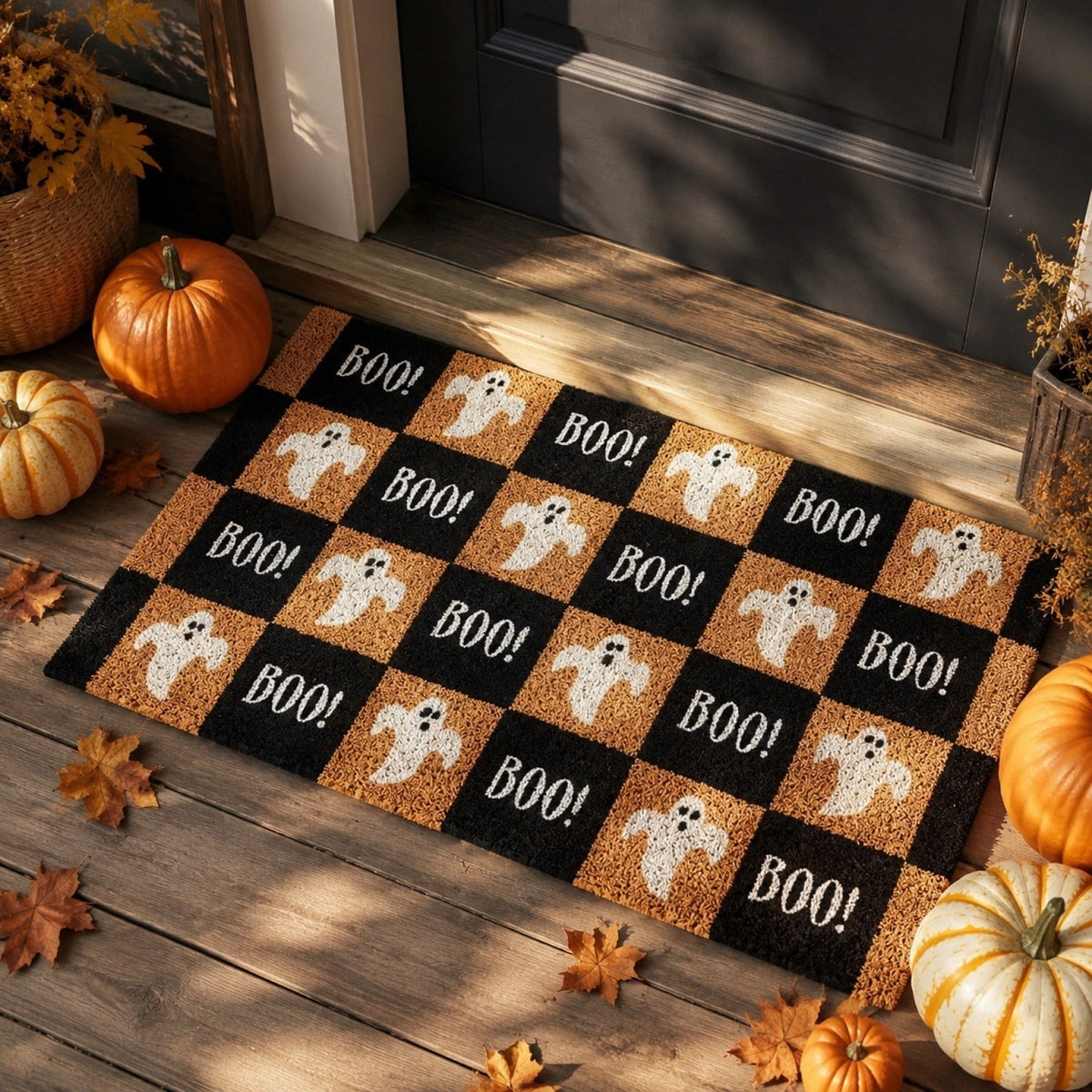 Tepsmf Halloween Ghost Doormat 19.7x31.4IN Black And Orange Checkered Soft Halloween Bathroom Rug Non Slip Cute Spooky Ghost Bathroom Decoration For Front Doors Porches And Holiday Decorations