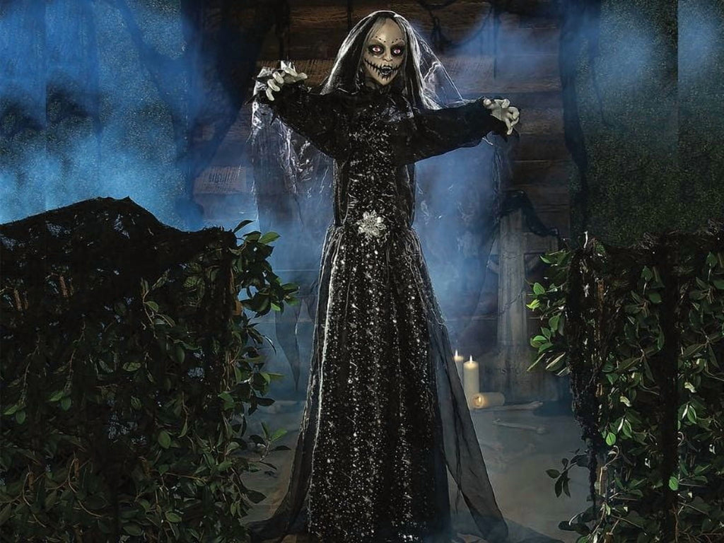 Morris Costumes - 5 Ft. 6 Standing Animated Bride with Black Dress Halloween Decoration - One Size