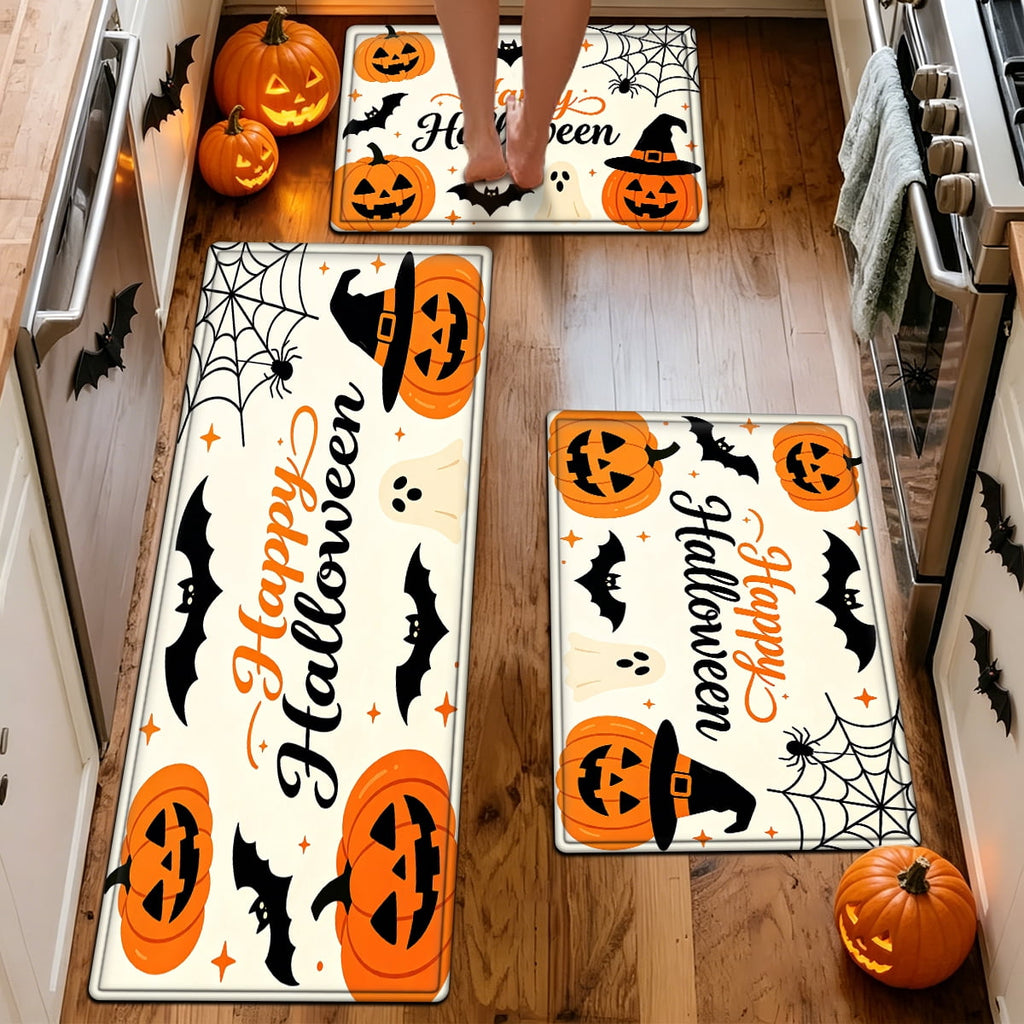 YIMEIS Halloween Neon Pumpkin Lanterns 3Pcs Flannel Mat & Kitchen Rugs Set,Soft Non-slip,16''×24'' 20''×30'' 17''×47'' Inches,for Entryway Bathroom