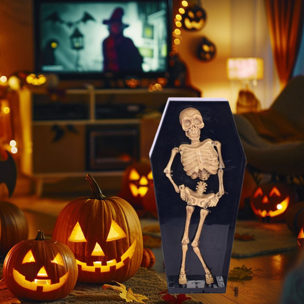 Halloween Dancing Coffin Skeleton with LED Lights Animated Prop Voice Activated Decorations with Spooky Music and Glowing Effects Scary Jumping Skeleton for Haunted House Yard Cemetery Party Decor