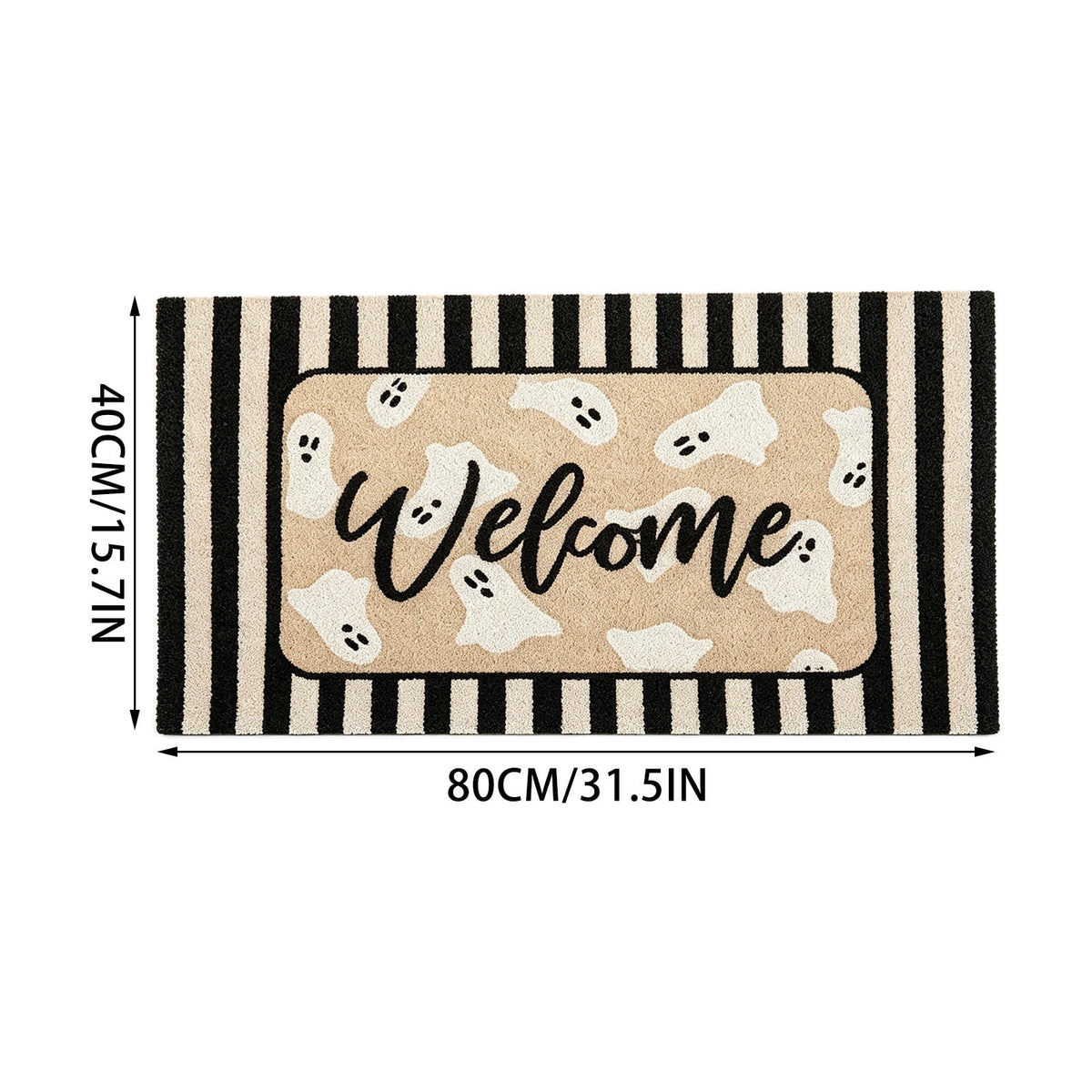 QuanTara Halloween Ghost Welcome Doormat, 31.5" x 15.75" Non-Slip Entryway Rug, Cute Spooky Ghost Print with Striped Border, Soft Faux Velvet Front Door Mat for Fall Home Decor, Porch & Indoor Use