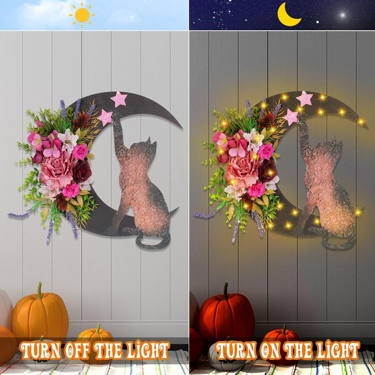 Halloween Wreaths For Front Door, Flower Moon Cat Halloween Home Decoration, Halloween Family Gathering Decoration Wreath，Outdoor, Wall, Closet, Fence, Wreath Halloween (Pink roses)