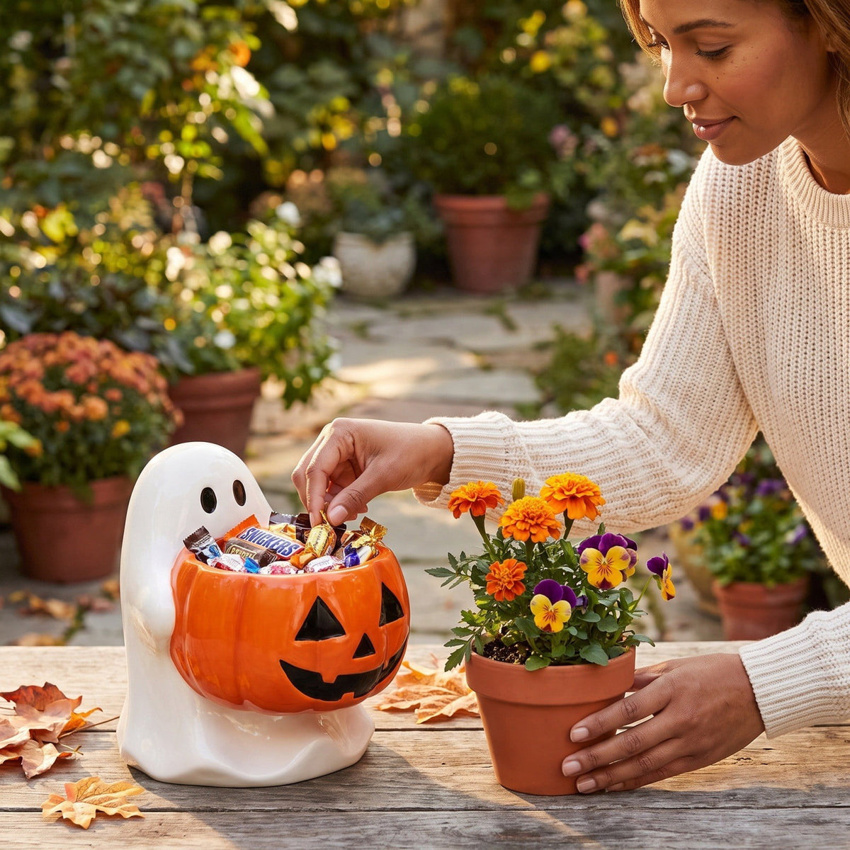 Diceymbol Halloween Pumpkin Snack Bowl Stand Collapsible Broomstick Candy Tray for Cupcakes & Desserts, Resin Serving Platter with Ceramic Pumpkin Bowls