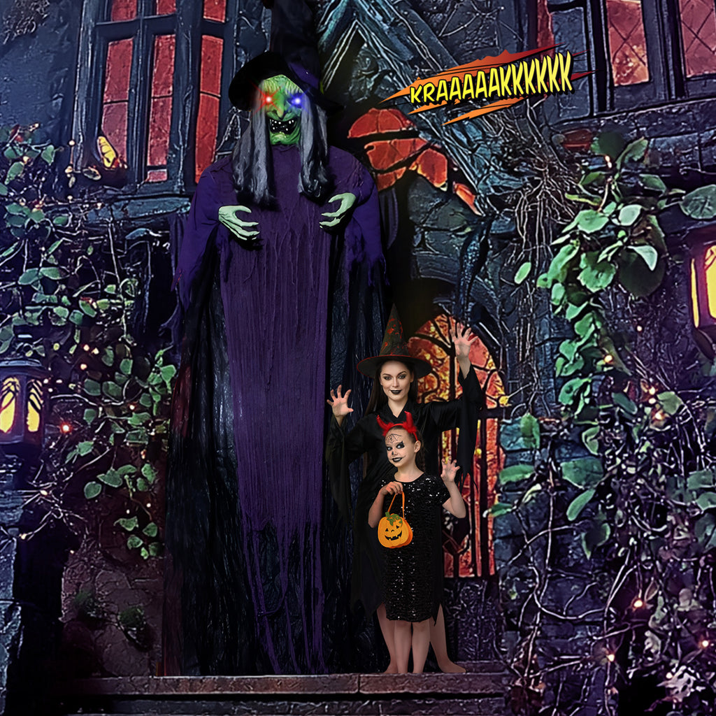 11.8ft Halloween Animatronics Hanging Witch Outdoor Decoration, Sound Animated Talking Witch with Light-up Eyes for Haunted House Prop Décor, Yard Lawn Decorations