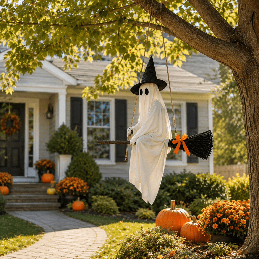 LIGHTED HANGING GHOST WITCH HALLOWEEN DECORATION Floating White Ghost With Black Witch Hat Rustic Broom And Orange Bow Warm Glow